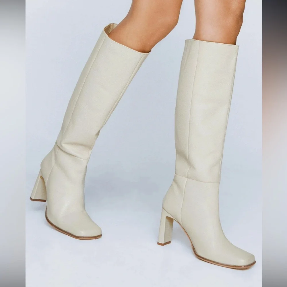 Knee-High Block Heel Boots in Cream - Picture 2 of 6